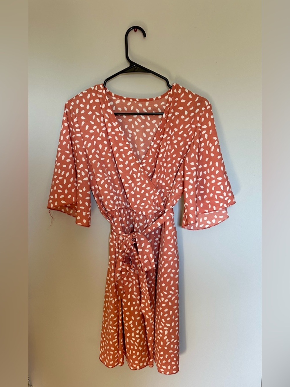 Women's Coral Wrap Dress with White Spot Print